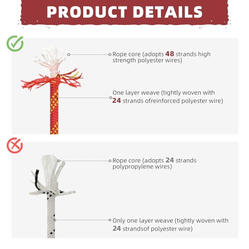 1/2 Inch Static Climbing Rope - 150 Ft High Strength Arborist Bull Rope for Tree Rigging & Rappelling - Red / 48 Strand Polyester Braided