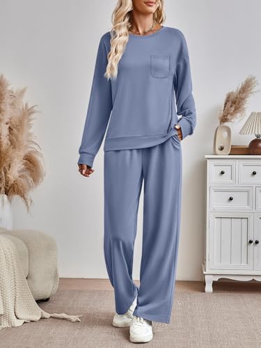 AUTOMET Women's 2 Piece Lounge Sweatsuit Set - Medium Blue Fall Outfits