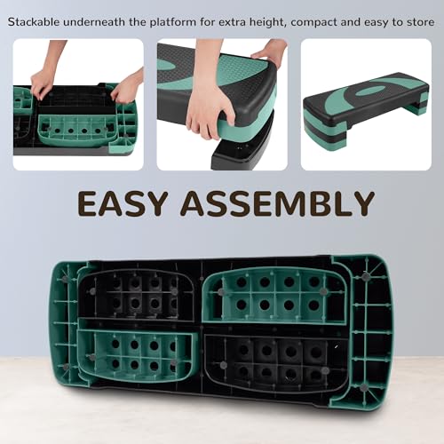 Fitvids Step Aerobic Platform, 31" Exercise Step with 3 levels Adjustable Height, 4 Stackable Risers, Fitness Training Workout Stepper for Home Gym, Cardio Strength, Black & Blue