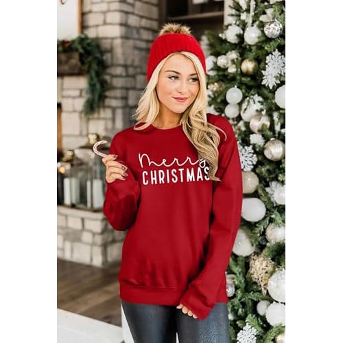 Christmas Sweatshirts For Women Xmas Sweater Merry Christmas Letter Printed Sweatshirt Holiday Long Sleeve Tops