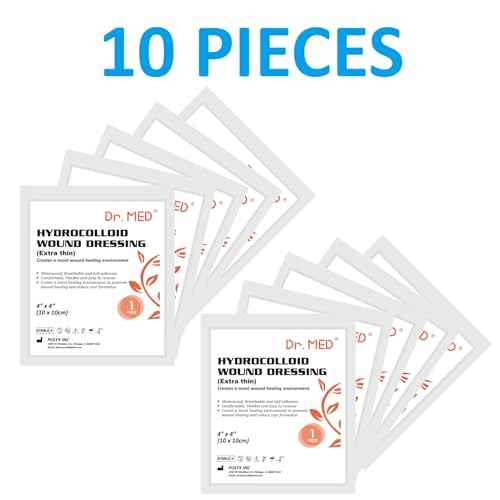 Dr. Med Hydrocolloid Wound Dressing Extra Thin 4"x4"-10 Pack/Box, Waterproof Adhesive Bordered Bandage, for Light Exudate, Abrasions, Pressure Ulcer, Bed Sore, Superficial Wound Care
