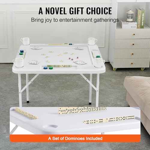 VEVOR Mahjong Table, Square 4 Player Folding Card Table with 4 Cup Holders & 4 Chip Trays, Portable Domino Game Table with 1 Set of Dominoes for Mahjong Poke Puzzles, 35.4 x 35.4-inch, Black