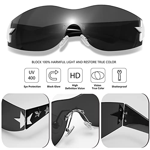 Rimless Y2K Sunglasses Star Wrap Around Glasses 2000S Accessories for Women Men Trendy Fashion Cool Shield Shades