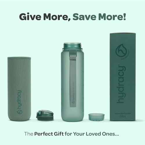 Hydracy Water Bottle with Time Marker -Large BPA Free Water Bottle & No Sweat Sleeve -Leak Proof Gym Bottle with Fruit Infuser Strainer & Times to Drink -Ideal for Fitness Sports & Outdoors