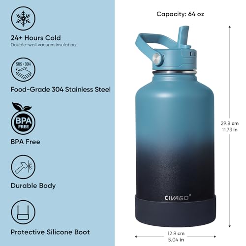 Black 64 oz Insulated Stainless Steel Water Bottle with Straw and Wide Mouth