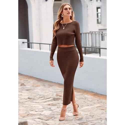PRETTYGARDEN Women's Spring Fall 2 Piece Sweater Set Rib Knit Long Sleeve Crop Top Maxi Bodycon Skirt Casual Winter Outfits