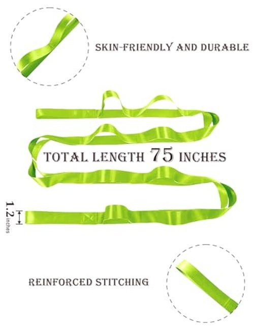 10-Loop Stretching Strap for Yoga Pilates Non-Elastic Exercise Straps for Flexibility Training (75"x1") Women & Men (Green)
