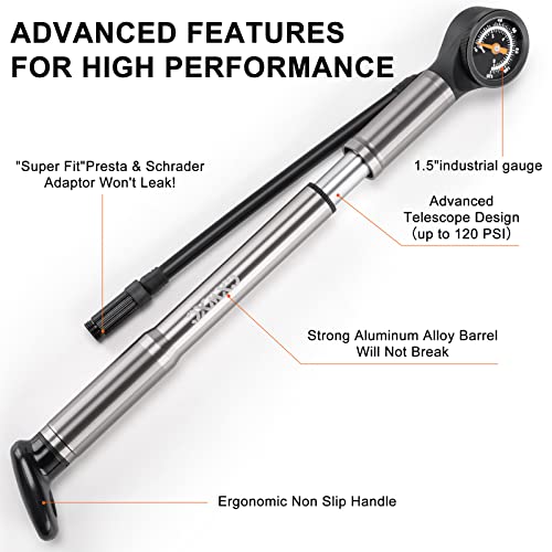 CXWXC Bike Pump Portable- Mini Bicycle Pump with Pressure Gauge Fits Presta and Schrader Valves- 120PSI High Pressure Bike Air Pump with Mounting Bracket
