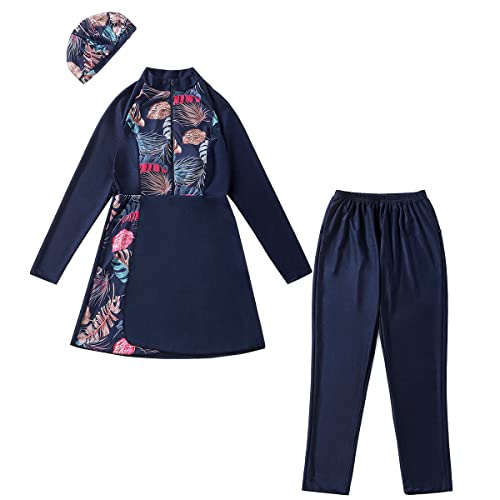 Long Sleeve Muslim Swimsuit with Built-in Bra & Hijab - Navy Blue, Large