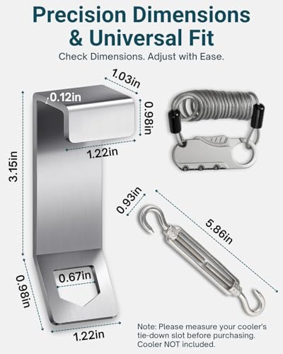 Silver 2-Pack Cooler Lock Brackets with Retractable Cable & Turnbuckle - Heavy Duty Stainless Steel Security Kit for Yeti/RTIC Coolers
