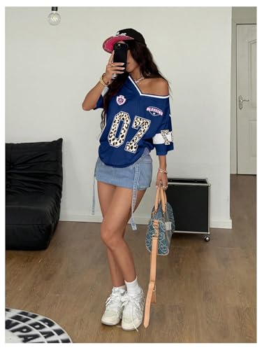 SOLY HUX Women's Y2K Oversized Jersey Graphic Shirt Medium Blue