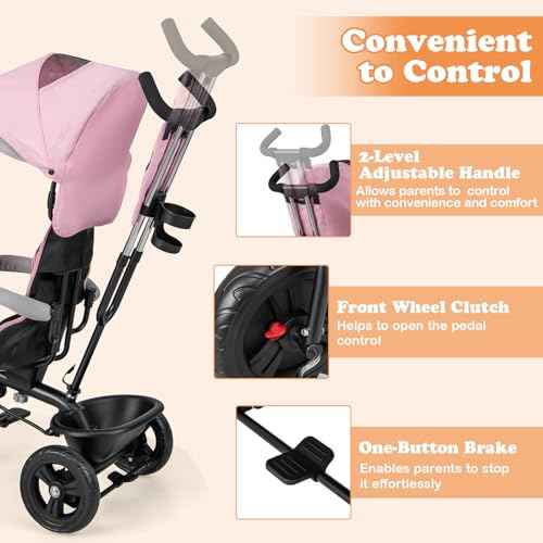 BABY JOY Tricycle, 4 in 1 Toddler Bike w/Removable Canopy, Adjustable Push Handle, Reversible Seat, Safety Belt, Folding Footrest & Storage Basket, Toddler Tricycle for Boys Girls 9-60 Months (Pink)