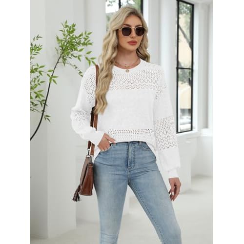 Lylinan Womens Sweaters Casual Boho Long Sleeve Shirts Crewneck Lightweight Crochet Tops Pullover Knit Sweater
