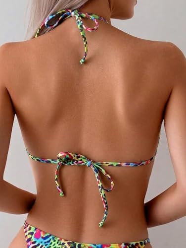 Women's Leopard Floral Striped Bikini Set - Medium Green, Halter & Side Tie