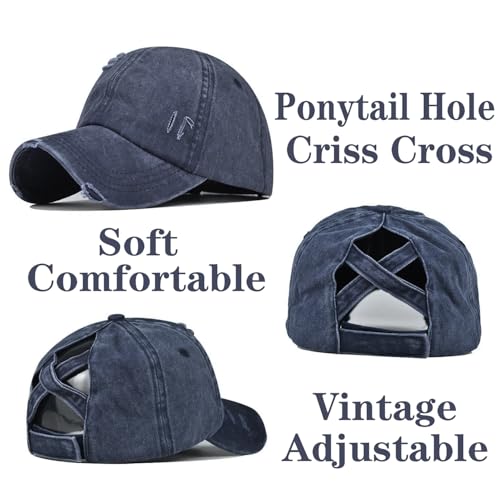 Black Navy Distressed Ponytail Hat for Women - Criss Cross Baseball Cap with High Bun, 2 Pack