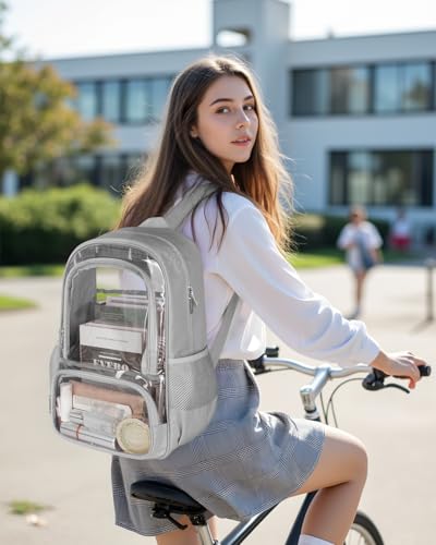 Large Grey Clear Backpack with Reinforced PVC & Fabric, Laptop & Travel Bag