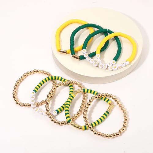 Game Day Bracelets Stackable Beaded Stretchy Jewelry - Yellow Green Set
