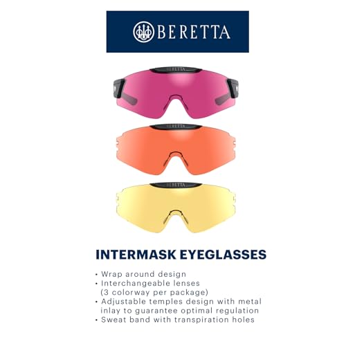 Beretta Intermask Wraparound Design Adjustable Protective Shooting Eyeglasses with Interchangeable Lenses (3 Colors per Pack)