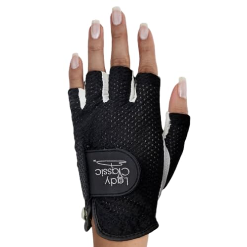 Lady Classic Women's Mesh Half Finger Golf Glove ā Cabretta Leather Palm, Breathable Mesh Back, Flexible Grip, Long-Lasting with Removable Ball Marker ā Left Hand/White/Black/Medium