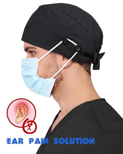 2 Pcs Satin Lined Scrub Caps for Nurses Women Men with 4 Buttons - Black