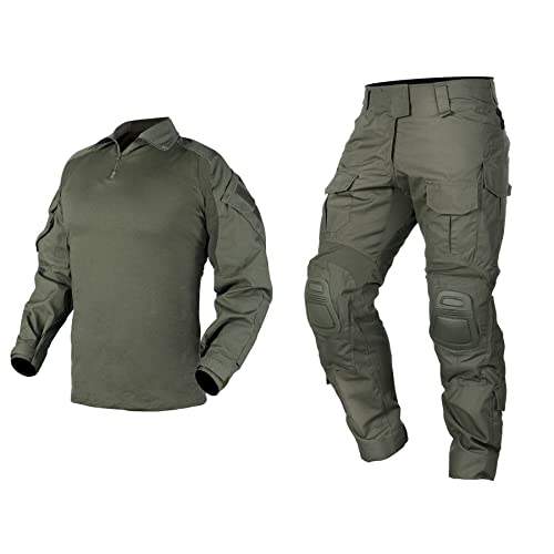 IDOGEAR Men G3 Assault Combat Uniform Set with Knee Pads Camo Camouflage Tactical Airsoft Hunting Paintball Gear (Ranger Green, Large)