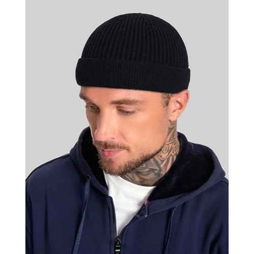 ROYBENS Short Fisherman Beanie for Men Women, Wool Warm Winter Hat, Swag Knit Cuff Soft Trawler Beanies Watch Cap Skull Caps