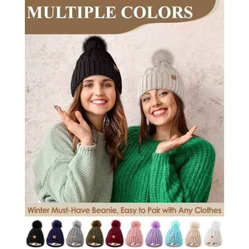 Winuesa Satin Lined Beanie for Women with Pom Pom, Fashionable Womens Winter Hats Silk Beanies, Cute Warm Knit Hat Skull Cap