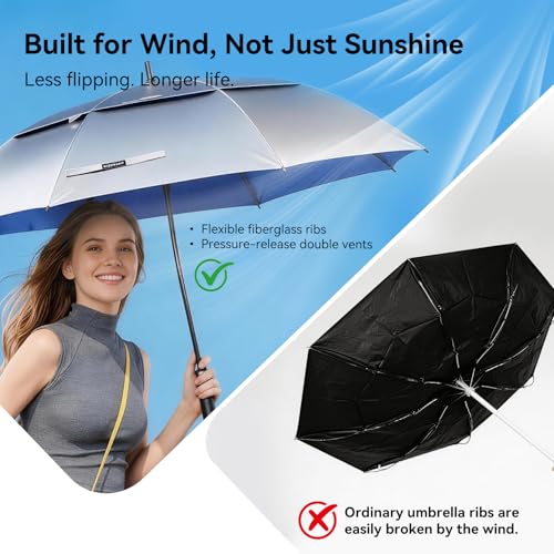 Large UV Protection Golf Umbrella with Windproof Double Canopy - Blue/Silver, 68 Inches