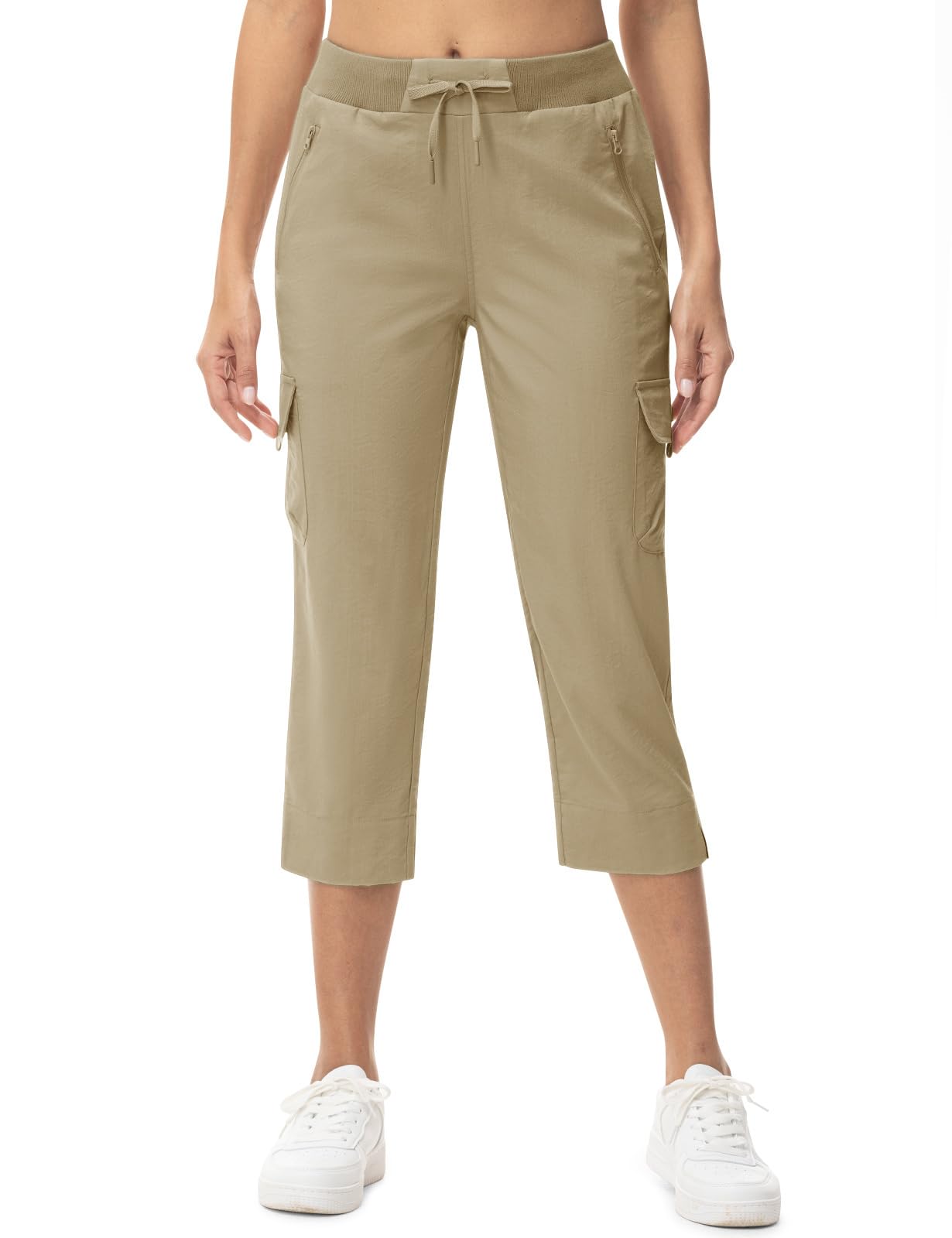 TBMPOY Women's Capri Pants Lightweight Quick Dry Hiking Cargo Pockets Casual Water Resistant Travel Cropped Cotton Light Khaki S