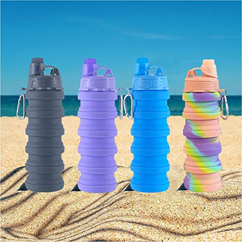 Collapsible Water Bottles 4 Pack - 500ML BPA-Free Silicone & Plastic - Black, Purple, Blue, Pink