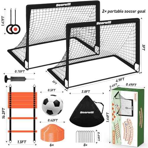 Bearwill Soccer Goal, Kids Soccer Goals for Backyard Set of 2, 4x3ft Portable Soccer Goal Pop Up Soccer Net, Kids Soccer Net Training Equipment with Soccer Ball, Ladder, Cones, Targets