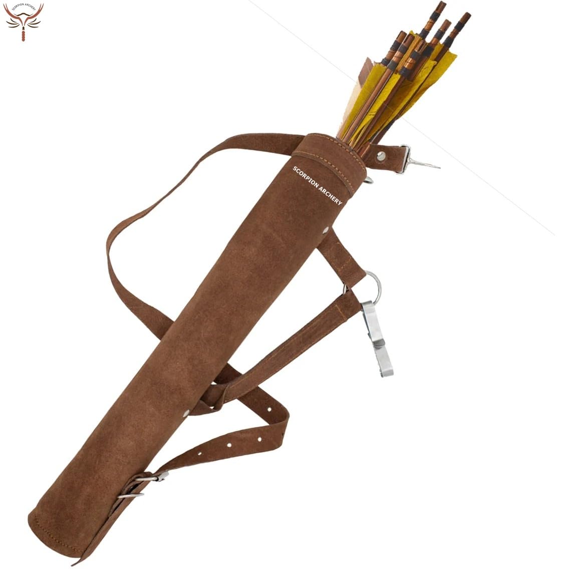 SCORPION ARCHERY Traditional Shoulder Back Quiver Bow Arrow Holder Handmade Straps Belt Adjustable Lightweight & Comfortable Cow Leather Gift for him Aniversary Gift (Suede Brown)