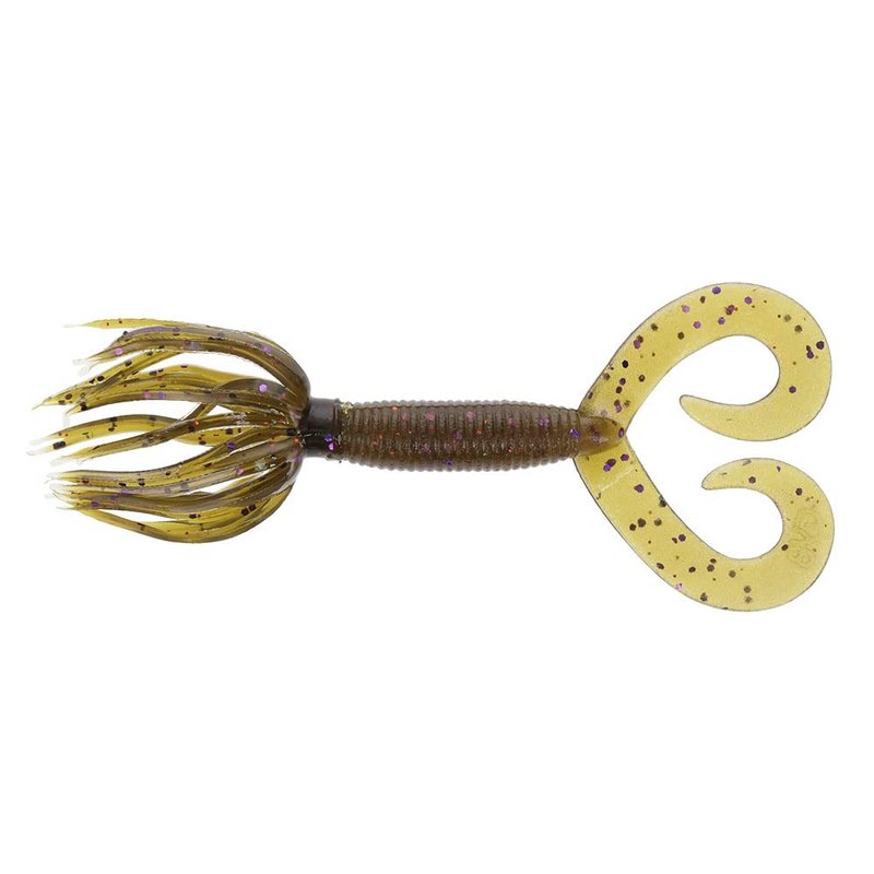 Yamamoto 4" Double Tail Hula Grub - Realistic Easy-to-Use Soft Plastic Fishing Lure Bait with Free-Flowing Skirt - 10 Pack, Green Pumpkin with Purple and Small Copper Flake