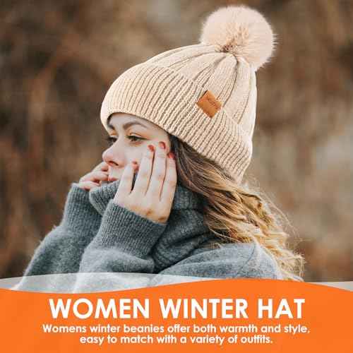 Womens Winter Beanie Hat with Faux Fur Pom Pom,Soft Warm Fleece Lined Knit Beanie for Cold Weather