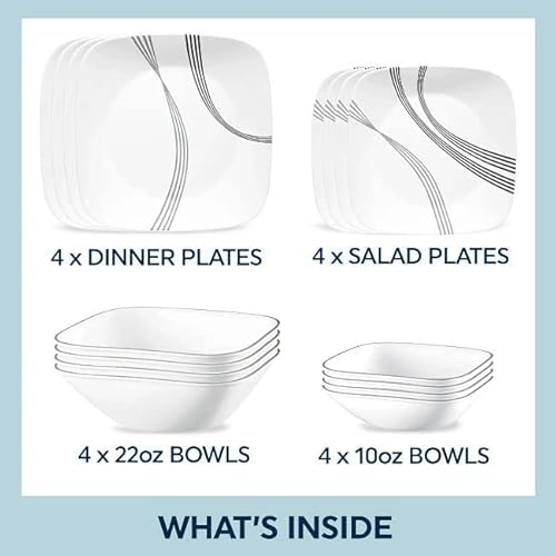 Corelle Urban Arc 16pc, Service for 4, Dinnerware Set, 8 Plates Bowls, Chip & Break Resistant, Dinner and Corelleware White