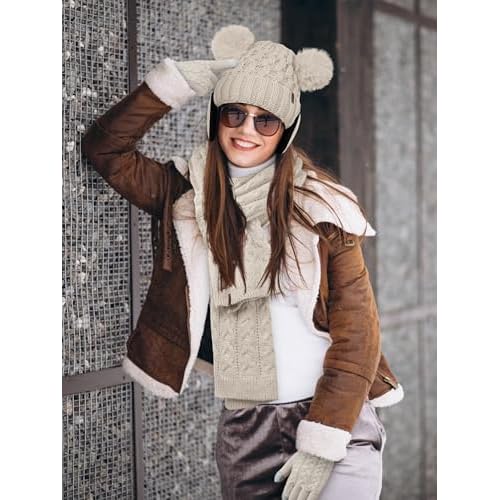 Aneco Winter Beanie Hat Scarf Gloves Ear Warmer Set for Women Fleece Lined Pom Pom Beanie Touchscreen Gloves 4 in 1 Set