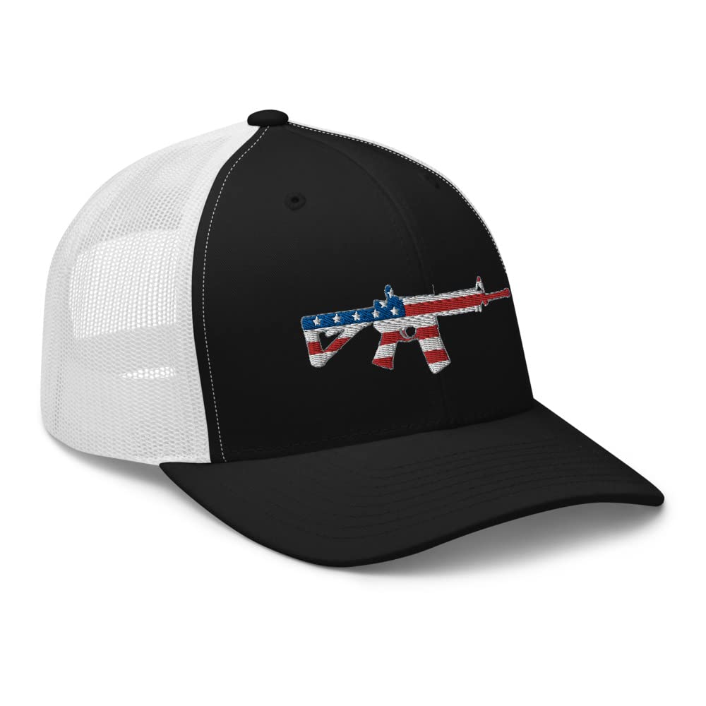 Gunner Gear 2nd Amendment American Flag AR-15 Tactical USA Hat for Men Trucker Style Snapback Yupoong 6606 Black/White
