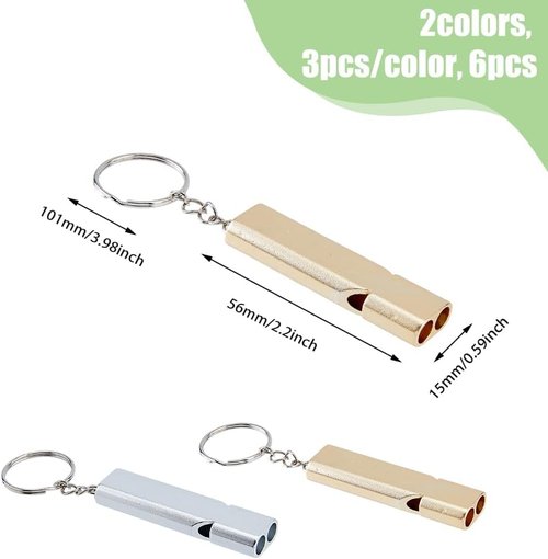 6Pcs 2 Colors Double Tube Whistle Alloy High Frequency High Decibel Keychain with Iron Key Rings