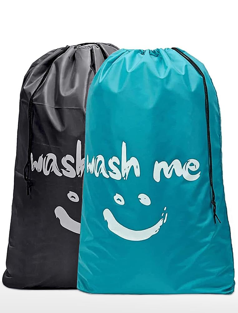 2 Pack Heavy Duty Travel Laundry Bags-Waterproof Drawstring Dirty Clothes Organizer for Camping,Gym&Hotels,Fits Laundry Baskets,Reusable Washable Storage Bags,Black+Blue.
