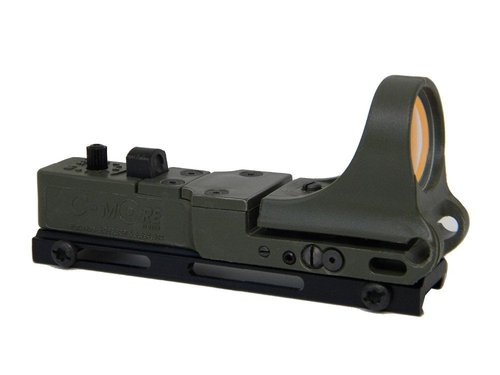 C-MORE Systems Railway Red Dot Sight, Standard Intensity Switch, 8 MOA, 1x Magnification, Made of Polymer, Ultra Bright, All Weather, Waterproof, Lightweight, Olive Drab Green