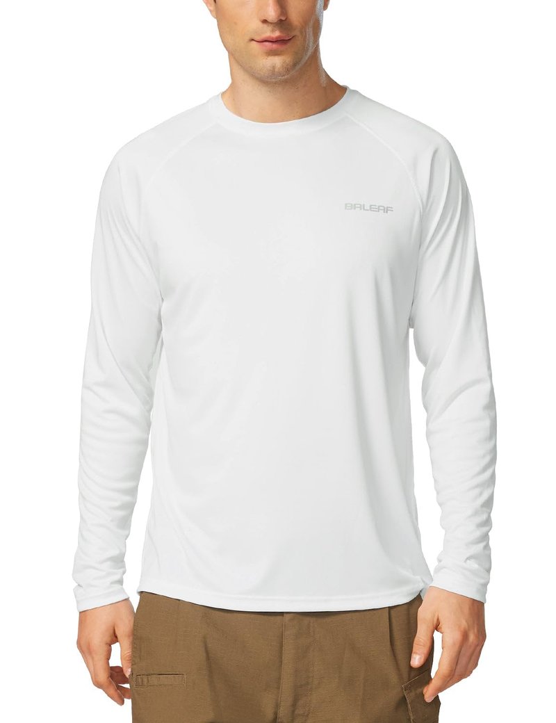 baleaf Mens UPF 50+ Sun Protection Shirts Long Sleeve Rash Guard, Quick Dry 4-Way Stretch for Fishing Swimming Surfing 01-White 2XL