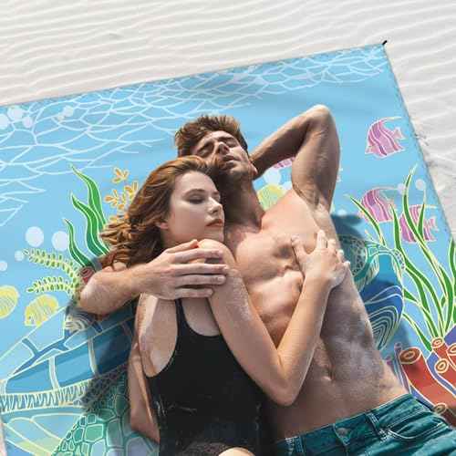 Beach Blanket Waterproof Sandproof Large Beach Mat 79" X 83" for 2-4 Adults Sand Free Mat Quick Drying,Lightweight & Durable with 4 Stakes & 4 Corner Pockets for Beach Travel Camping.(Sea Turtle)