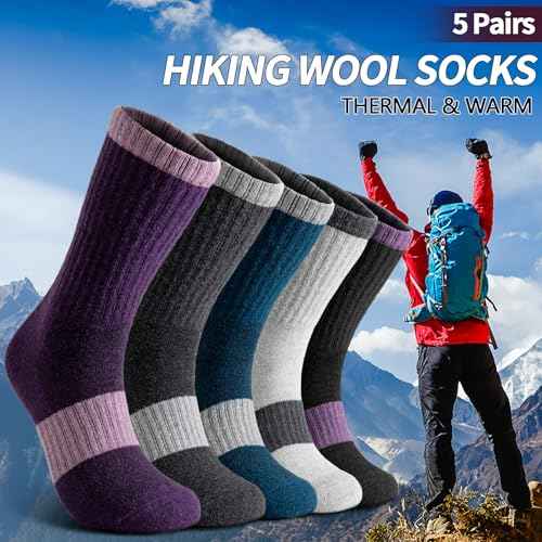 Wool Socks for Women - Hiking Womens Socks 5 Pairs, Thermal Sock for Men & Women Winter Warm Moisture Wicking