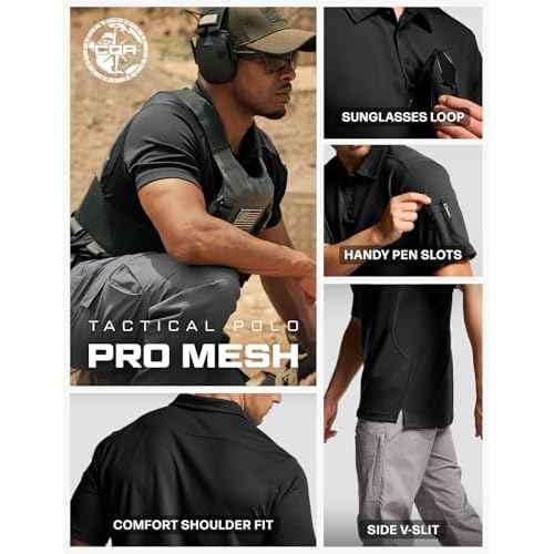 CQR Men's Polo Shirts, Tactical Short Sleeve Golf Performance Shirts, Lightweight Dry Fit UPF 50+ Pique