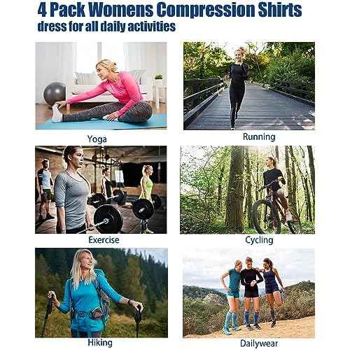 TELALEO 4 Pack Women's Compression Shirt Long Sleeve Performance Workout Baselayer Athletic Top Sports Gear