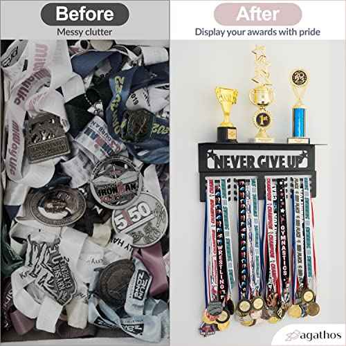 Medal Hanger Display with Trophy Shelf - Metal Awards Rack for Walls Holds 64+ Sports Medals- Our Never Give Up 16" Medal Holder Awards Trophy Display