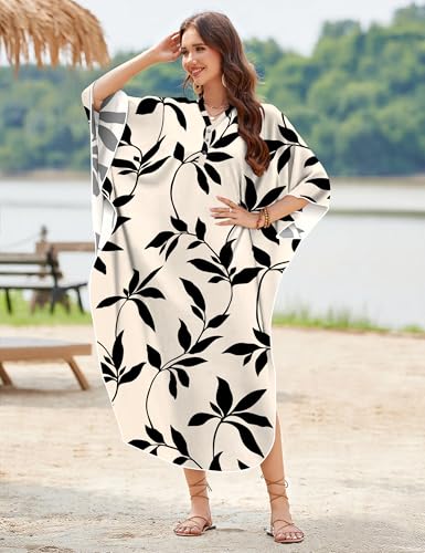 Women Kaftan Dress Maxi Cover-Up for Beach and Summer - Black White Leaves, Large-XX-Large