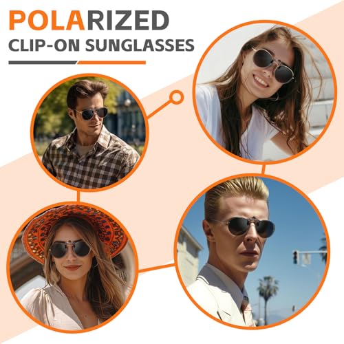 JO Polarized Clip-On Sunglasses UV400 Anti-Glare Lenses with Metal Round Frame - Black, 52mm