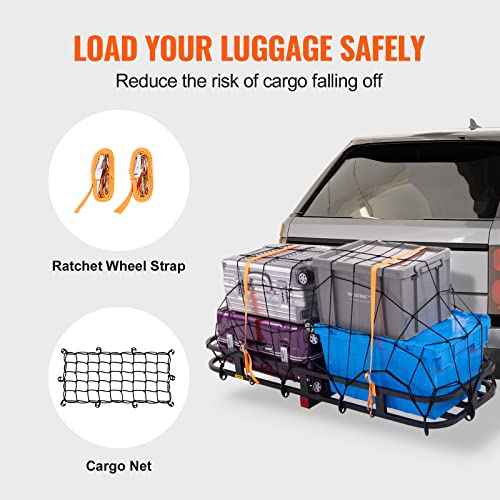 VEVOR 53 x 19 5 in Hitch Cargo Carrier, 500lb Capacity Trailer Mount Basket, Steel Luggage Carrier Rack Fits 2'' Receiver for SUV Truck Pickup with Net, Stabilizer, Straps, Black