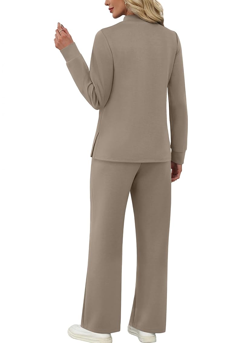 WIHOLL Two-Piece Lounge Set for Women – Long Sleeve Top & Wide Leg Pants, Side Slit, Travel/S Vacation Outfit, Variation: A Coffee+Large